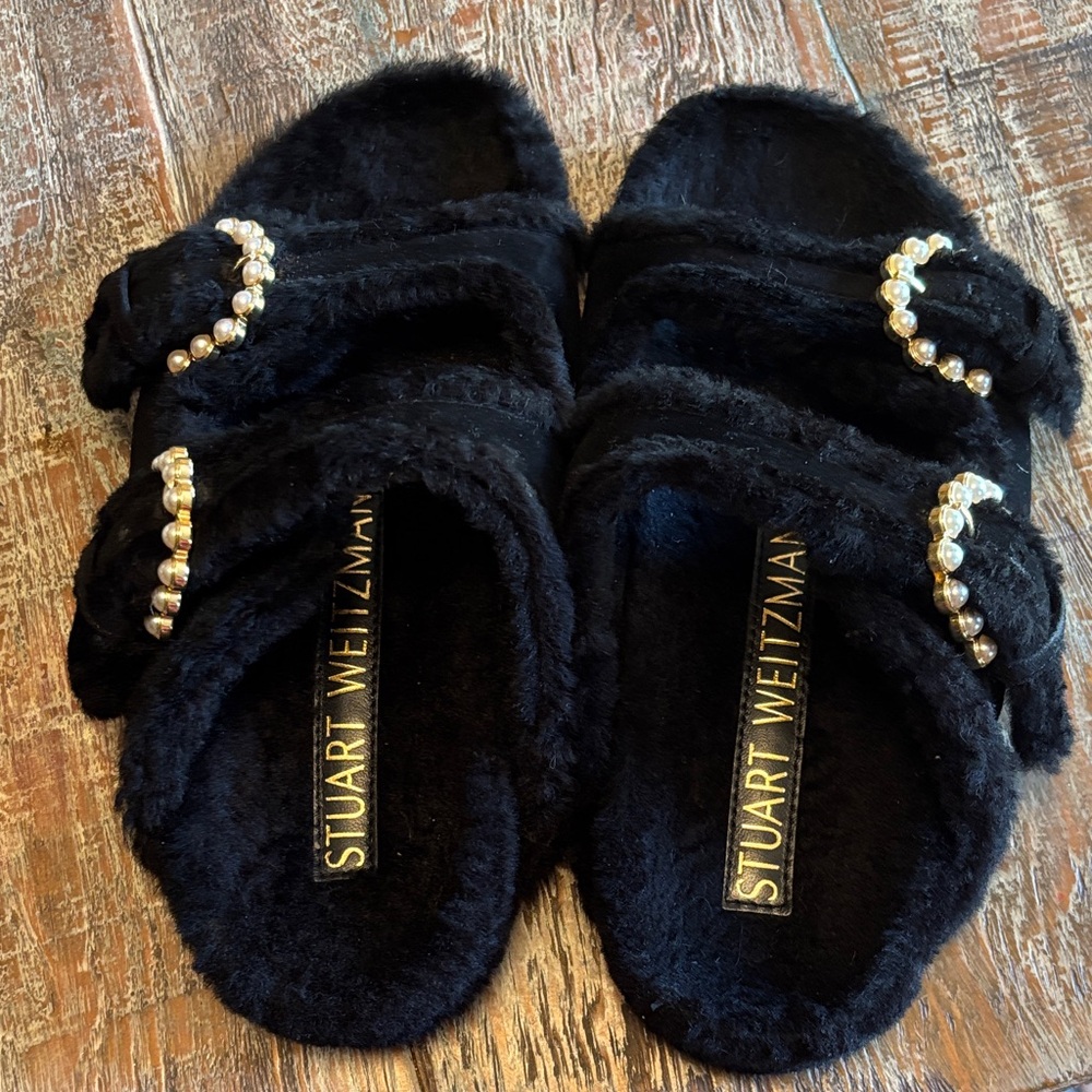 Stuart Weitzman Black Furry Slippers with Pearl Accents